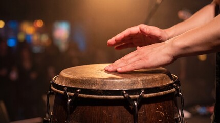 Obraz premium Musician Hands Playing Conga Drum On Concert Stage with Warm Lighting