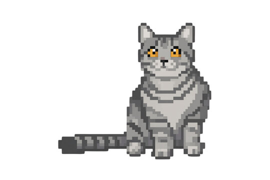 Pixel art grey tabby cat transparent background (PNG)
