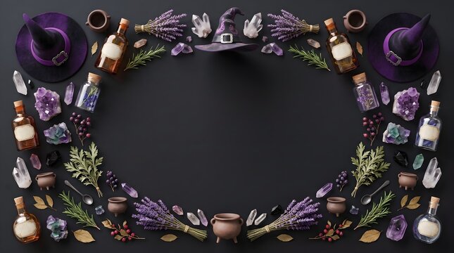 Halloween frame made of miniature potion bottles and skulls on a dark black background