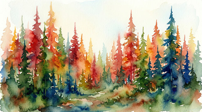 Abstract watercolor painting of a colorful pine forest with vibrant trees in red green and blue shades