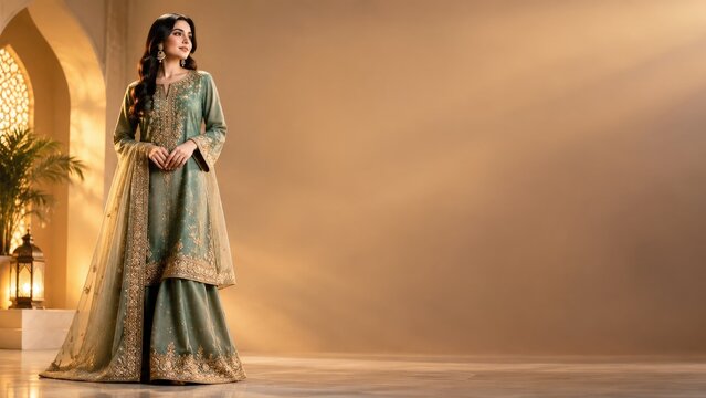 Elegant Emerald Green Pakistani Lawn Suit with Gold Embroidery and Dupatta for Women, Perfect for Spring, Summer, and Festive Occasions with a Luxurious Ethnic Vibe