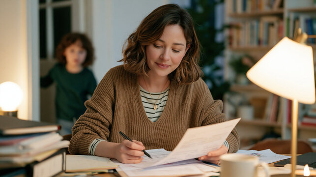 Smart grid management copywriter archiving handwritten energy demand notes in a candlelit study, child watching curiously from a doorway as the writer cross references printed
