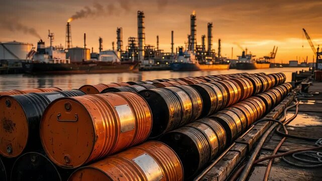 Rows of industrial oil barrels stacked at a refinery port at sunset