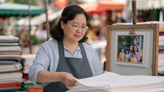 A sailmaker in a vibrant outdoor fabric market restocks bolt after bolt of canvas for tomorrow, a family photo pinned to the cutting board frame, her expression carrying the