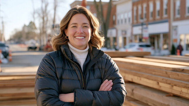 A wide establishing shot of a property manager in a busy winter urban street salvaging reclaimed timber from an old renovation site fresh raw materials stacked nearby as she
