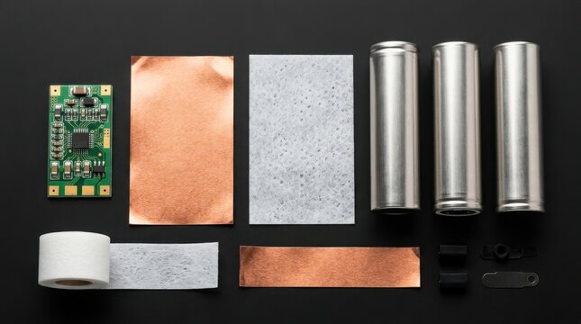Battery components including cylindrical cells copper anode foil separator sheet and management circuit board arranged on black surface