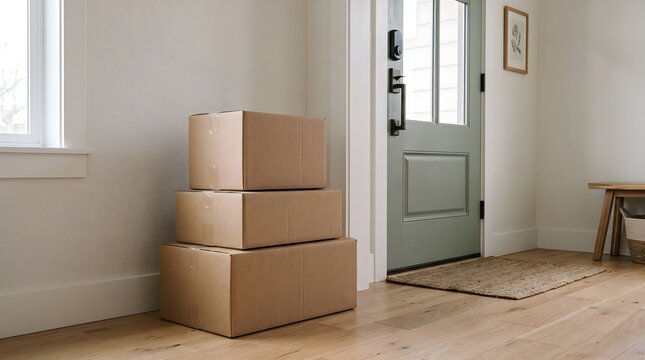 Stack of return boxes beside front door, post holiday return pickup logistics concept