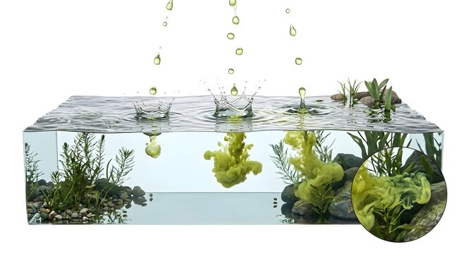 3D Scientific Cross-Section Render of Toxic Pesticide Droplets Contaminating an Aquatic Plant Ecosystem 