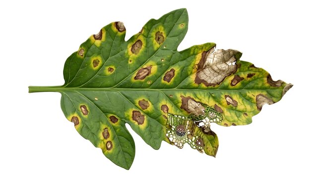 Scientific 3D Render of Plant Pathology: Herbicide Damage and Necrotic Spots Revealing Cellular Anatomy on an Isolated Leaf.  