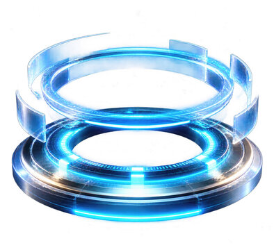 Futuristic glowing blue light portal circular display platform isolated on transparent background for digital gaming design