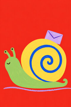 Happy snail carrying a lavender envelope on a yellow spiral shell