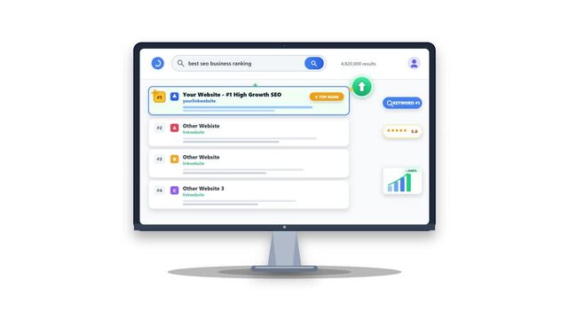 SEO optimization and website ranking rising to number 1 top rank position. Search engine ranking growth and website digital marketing strategy motion graphic animation.