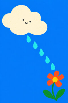 Smiling cloud watering a small orange flower with raindrops