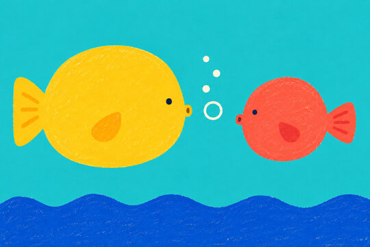 Two colorful fish facing a bubble in turquoise water