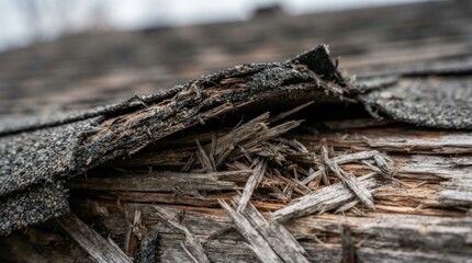Fototapeta premium Wind torn roof shingles and splintered wood decking texture after severe storm damage