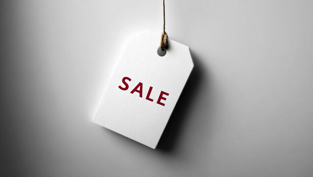 A single white paper price tag with the word SALE printed in red, hanging from a string against a plain grey background