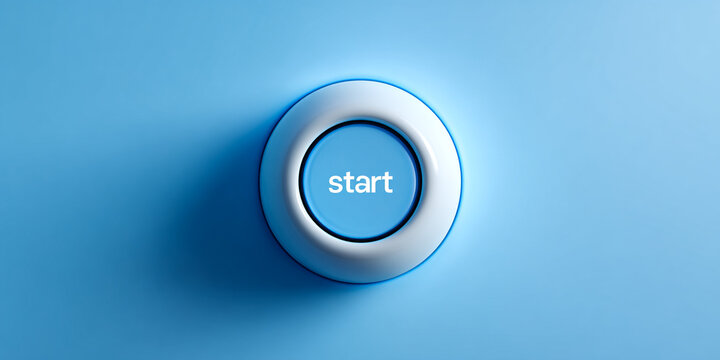 A 3D rendered top-down view of a round blue button with the word start written in the center on a solid light blue background