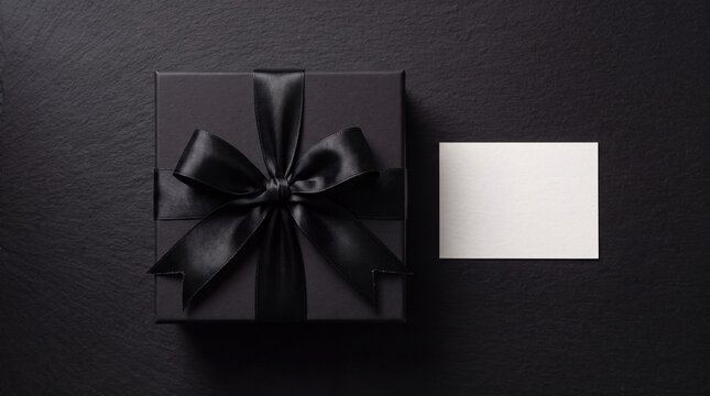 Gift box with a black satin bow sits next to a blank white card on a dark textured surface for luxury branding.