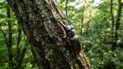 Fototapeta premium Stag Beetle on a Tree Trunk in a Sunlit Forest