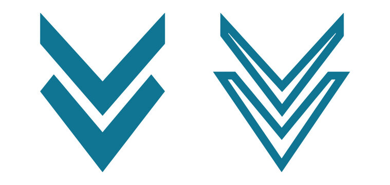 Two teal chevron arrow featuring a solid double chevron and an outlined triple chevron pointing downwards on a plain white background