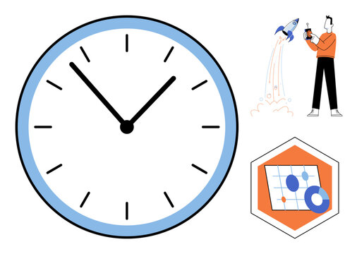 Clock with rocket launch and data chart vector illustration. Productivity, startup growth, deadline, project management, business strategy, efficiency. Timepiece with person launching rocket