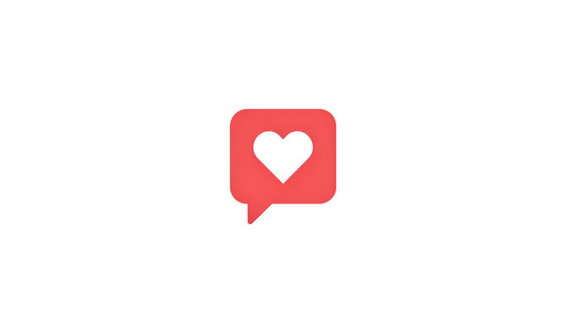 Flat of a red speech bubble with a white heart shape in the center on a white background, for social media, like interaction