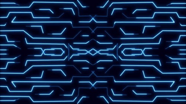 Circuit lines animation forms a symmetrical layout on dark. Motherboard hardware data routes along circuit lines. Modern computer computing drives these lines.
