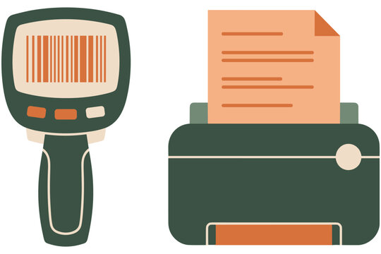 Flat vector illustration of handheld barcode scanner and office printer machine