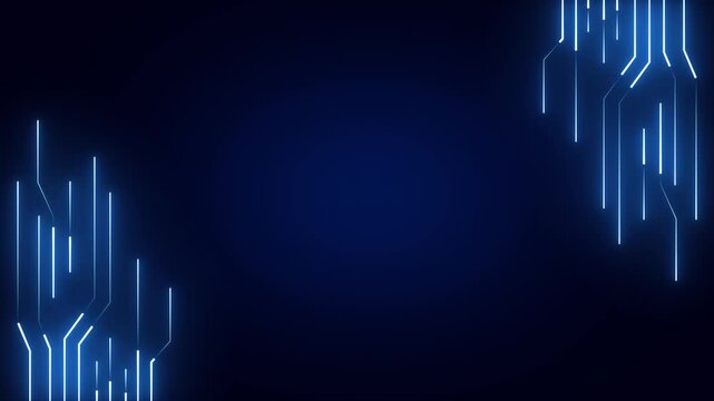 Technology background animation frames corners with circuits. Digital computing telemetry routes on technology background. Modern processor hardware runs background.