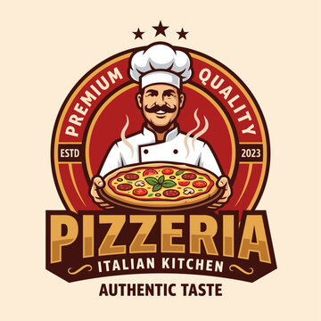 This logo showcases a smiling chef presenting a large pizza, symbolizing the quality and authenticity of the Pizzeria Italian Kitchen established in 2023.