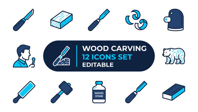 Wood Carving Tools and Icons: A collection of graphic icons representing wood carving tools and art, including chisels, a mallet, wood stain, and decorative motifs.