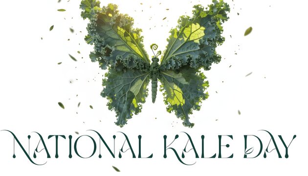 Butterfly shape made from fresh green kale leaves against a white background with nature art organic food vegan food raw ingredients plant based