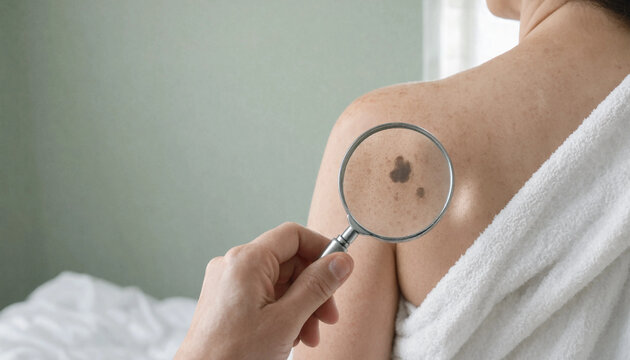 Dermatologist examining mole on woman's shoulder with magnifying glass in clinical setting for skin health concept