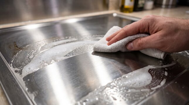 Close-up of a hand cleaning a soapy stainless steel kitchen griddle with a white cloth, maintaining cleanliness and hygiene