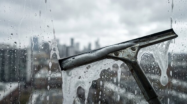 Professional window cleaning squeegee wiping soapy foam on glass high above city skyline
