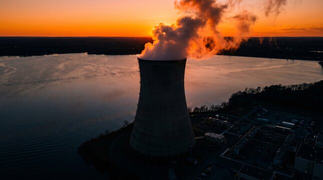 Industrial Silhouette at Dusk A towering power plant cooling stack emits warm vapor against a dramatic orange and blue sunset, reflecting in the serene waters, symbolizing modern energy production