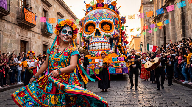 Day of the Dead parade in Mexico, calavera woman dancing, giant sugar skull float, D&iacute;a de los Muertos festival, Mexican culture, traditional celebration