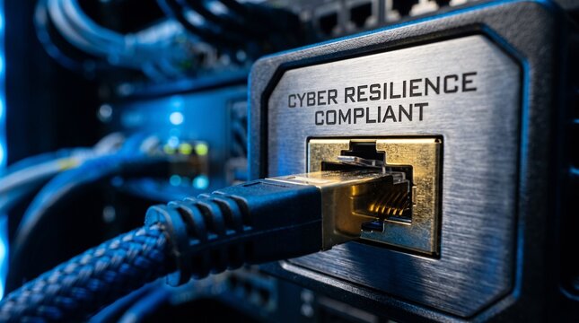 Network ethernet cable plugged into secure server port labeled cyber resilience compliant in data center