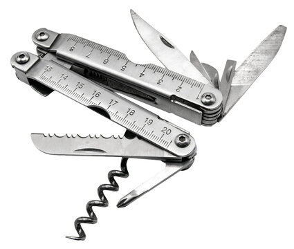 Stainless steel multi tool with integrated ruler and various folding blades on white background