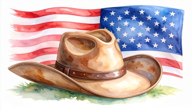American Cowboy Hat and Flag Watercolor