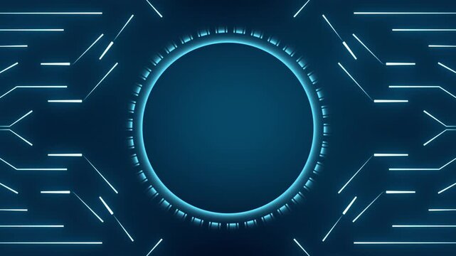 Technology frame animation displays circular circuit tracks. Modern telemetry coordinates guide technology frame animation. Cyber surveillance control screens use frame.