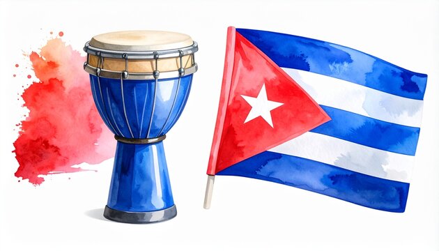 Traditional Bongo Drum and Cuban Flag