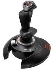 Black gaming joystick controller for flight simulation isolated on a clean white background © TenWit