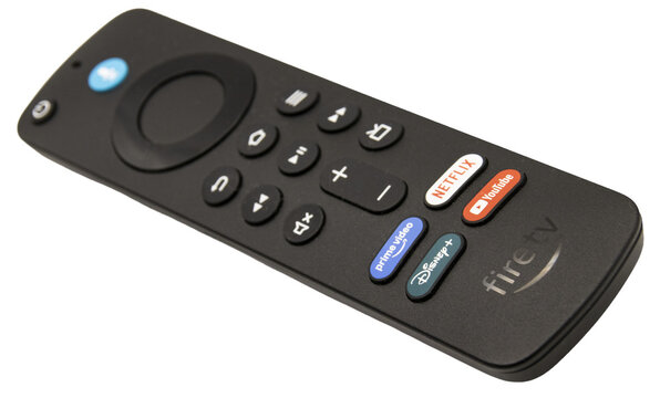Amazon Fires Stick TV black streaming media remote control with dedicated service buttons on a white background