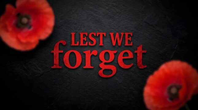 Remembrance day poppies with the words lest we forget on a dark textured background