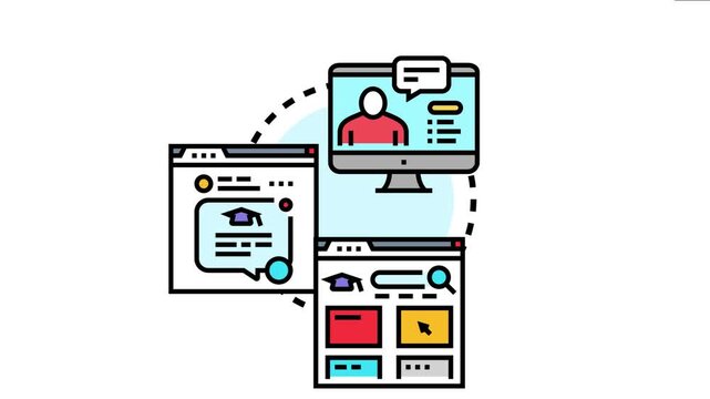 Online education platform launching with a computer displaying a virtual lesson, connecting to browser windows course content and program development for e learning initiatives