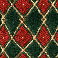 Fototapeta premium Seamless pattern fabric texture displaying a detailed diamond pattern, rich green and red colors, golden embroidered lines, creating an elegant background