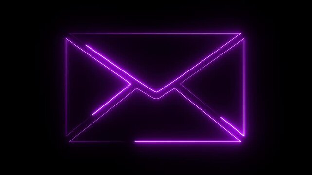 A glowing purple neon mail or message envelope icon on a dark background.