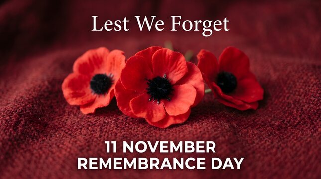 Remembrance day poppies with text lest we forget and 11 november background