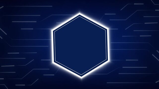 Hexagon outline animation glows on a digital circuit board. Motherboard computing data routes on hexagon outline animation. Electronic processor hardware drives it.